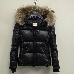 Sam. Black down raccoon fur trim coat  girls 12